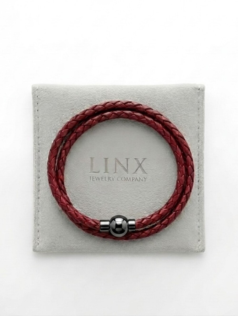 Linx Double Burgundy Leather Braided Cord Bracelet with Black Magnetic Clasp